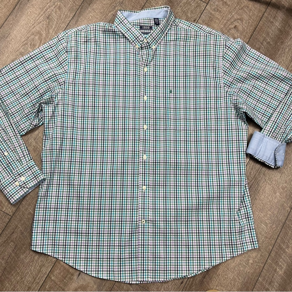 Izod Blue, Purple and Green Plaid Button Down Shirt
